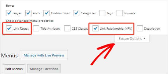 Screen Options Navigation Menus