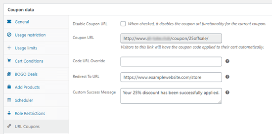 Advanced Coupons Auto Generated Coupon Url