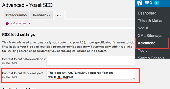 使用yoast Seo将内容添加到rss Feed页脚